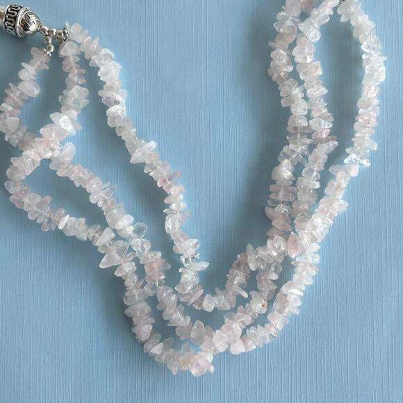 925 Pink Quartz 3 Strand Necklace 20" - Picture 6 of 8